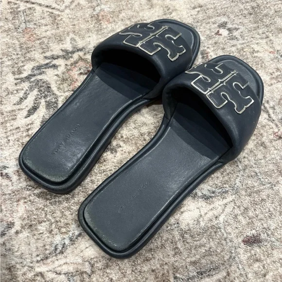 Tory Burch Black Slide Sandals with Silver Accent - Picture 3 of 4